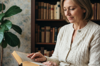 Femme française lisant un livre dans un intérieur chaleureux