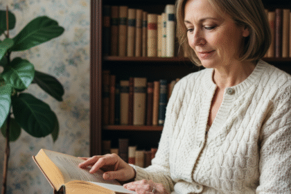 Femme française lisant un livre dans un intérieur chaleureux
