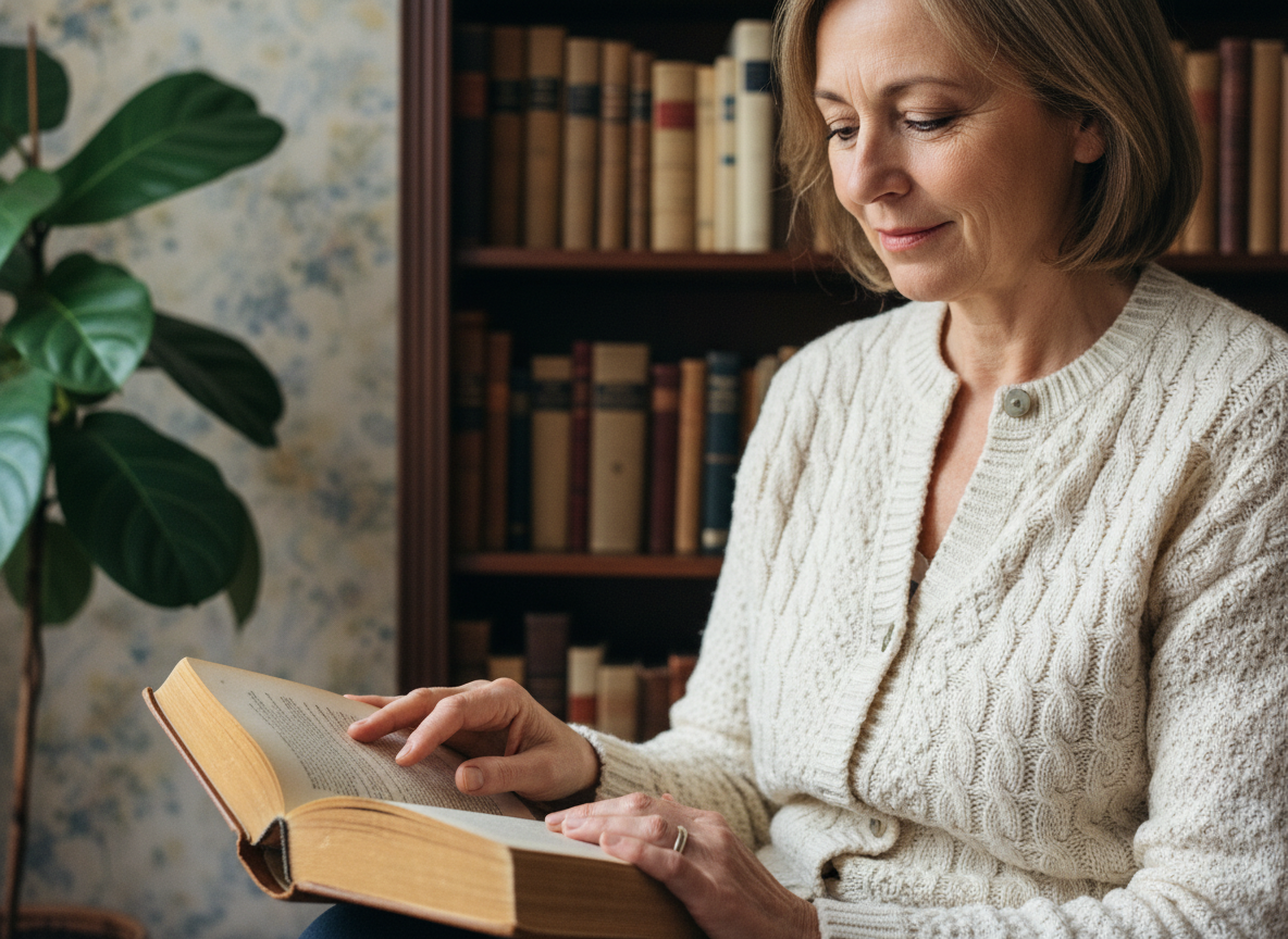 Femme française lisant un livre dans un intérieur chaleureux