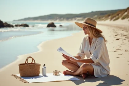 Femme consultant un tableau des marées sur la plage de Saint-Hilaire-de-Riez à marée basse