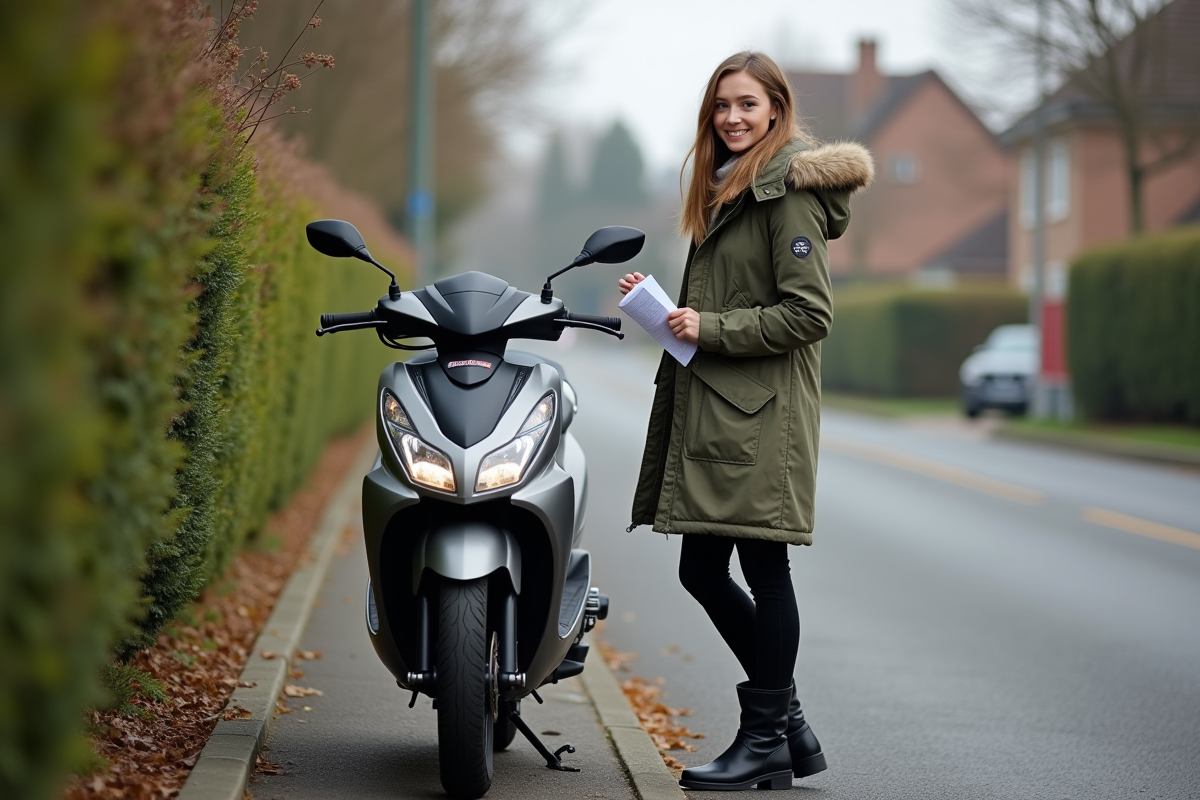 Jeune femme avec moto sur une rue résidentielle