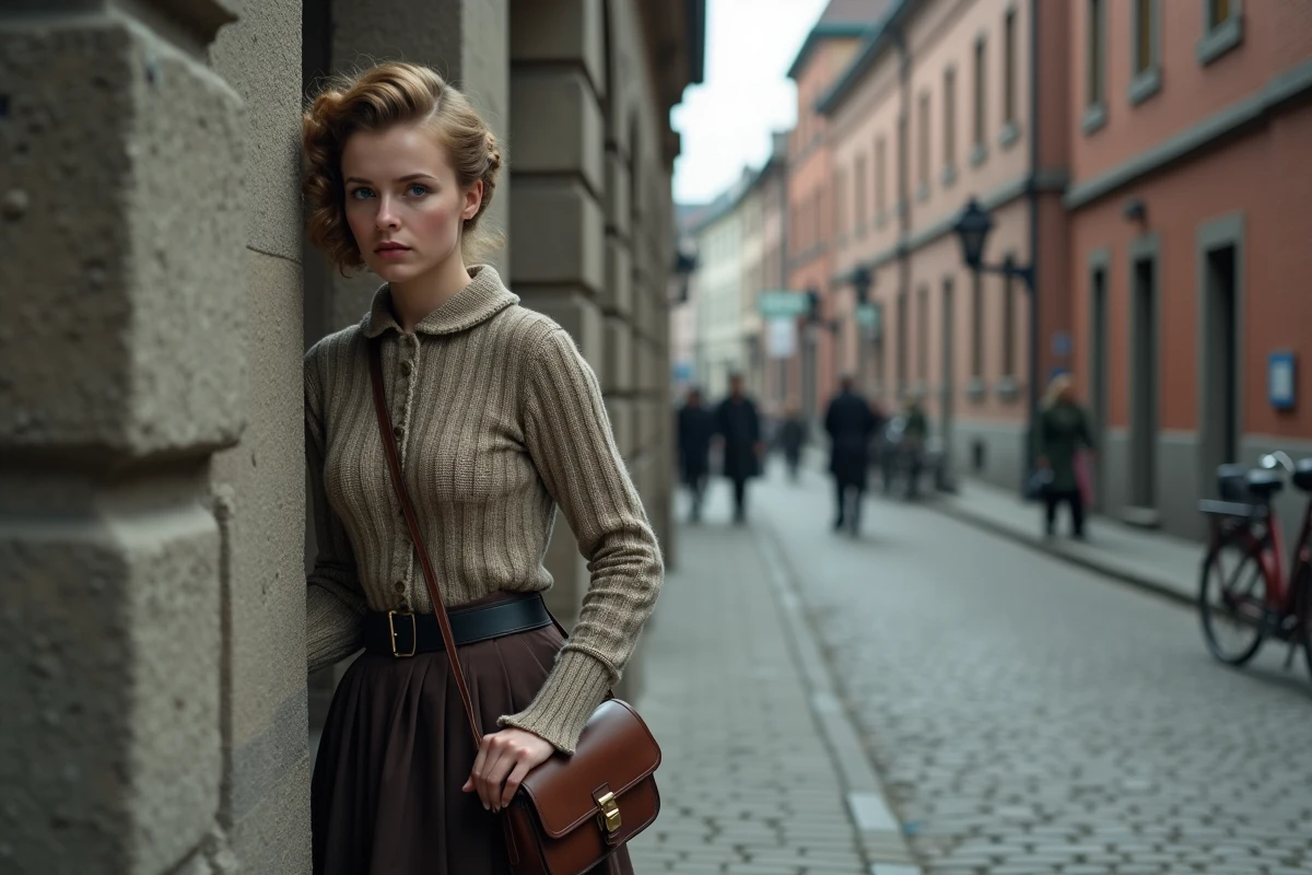 Jeune femme norvegienne surveillant la rue en 1940s