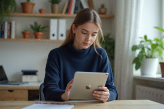 Jeune femme concentrée utilisant un iPad Air dans un bureau lumineux