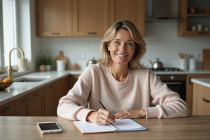 Femme organisée vérifiant son planner dans une cuisine moderne