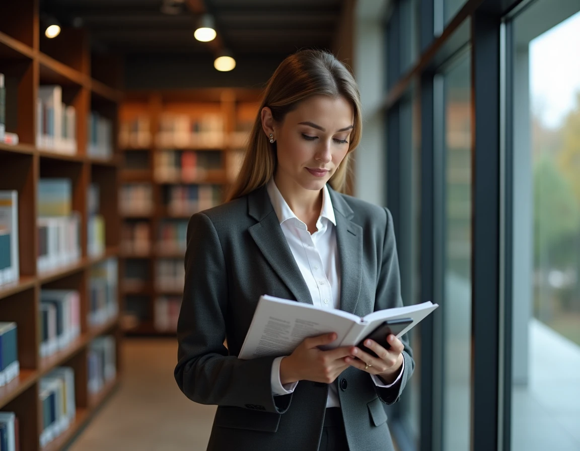 Femme passionnée de défense lisant une revue militaire dans une bibliothèque moderne avec son smartphone