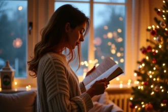 Femme lisant un poème écrit à la main dans un intérieur chaleureux