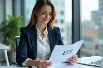 Femme professionnelle examinant un rapport ETF dans un bureau lumineux