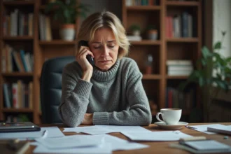 Femme cherchant un voyant de qualité par téléphone, entourée de notes et de documents, expression sceptique et fatiguée