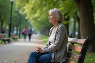 Femme méditant sur un banc dans un parc urbain
