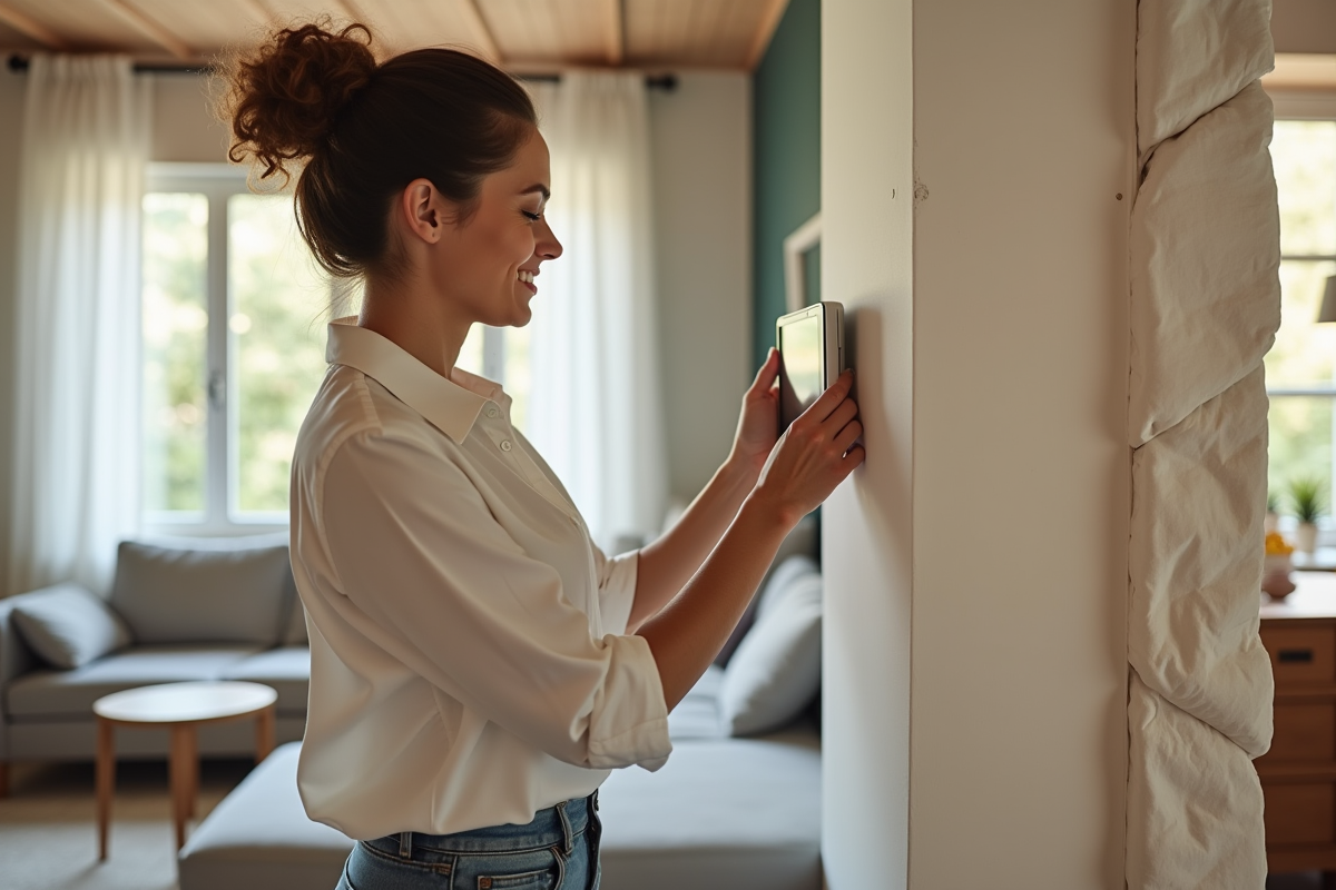 Jeune femme ajustant un thermostat dans un salon lumineux