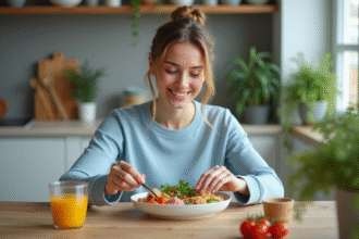 Jeune femme préparant un repas équilibré dans la cuisine