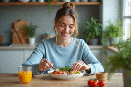 Jeune femme préparant un repas équilibré dans la cuisine