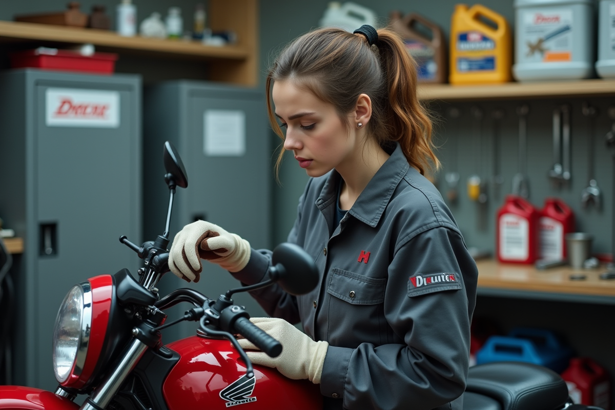 Jeune femme inspecte un Honda Dax dans un atelier
