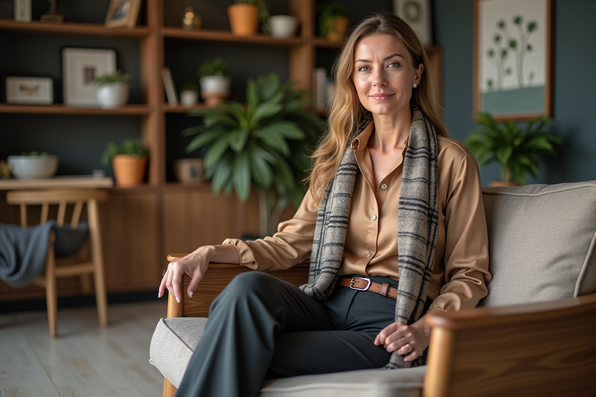 Femme élégante assise dans un salon moderne et chaleureux