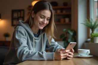 Jeune femme jouant à Monopoly Go sur son smartphone à la maison, attendant un lien dés gratuit