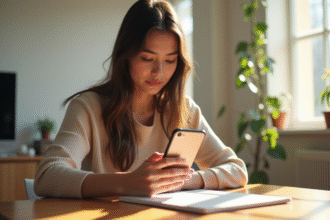 Jeune femme utilisant smartphone avec Vinted déconnecté