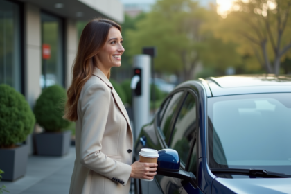 Femme souriante à côté d'une voiture hybride moderne