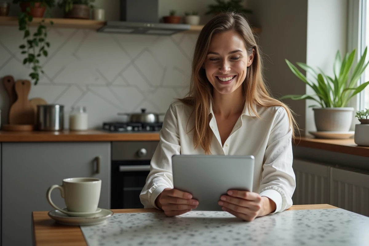 Femme souriante découvrant une chanteuse sur une tablette dans la cuisine