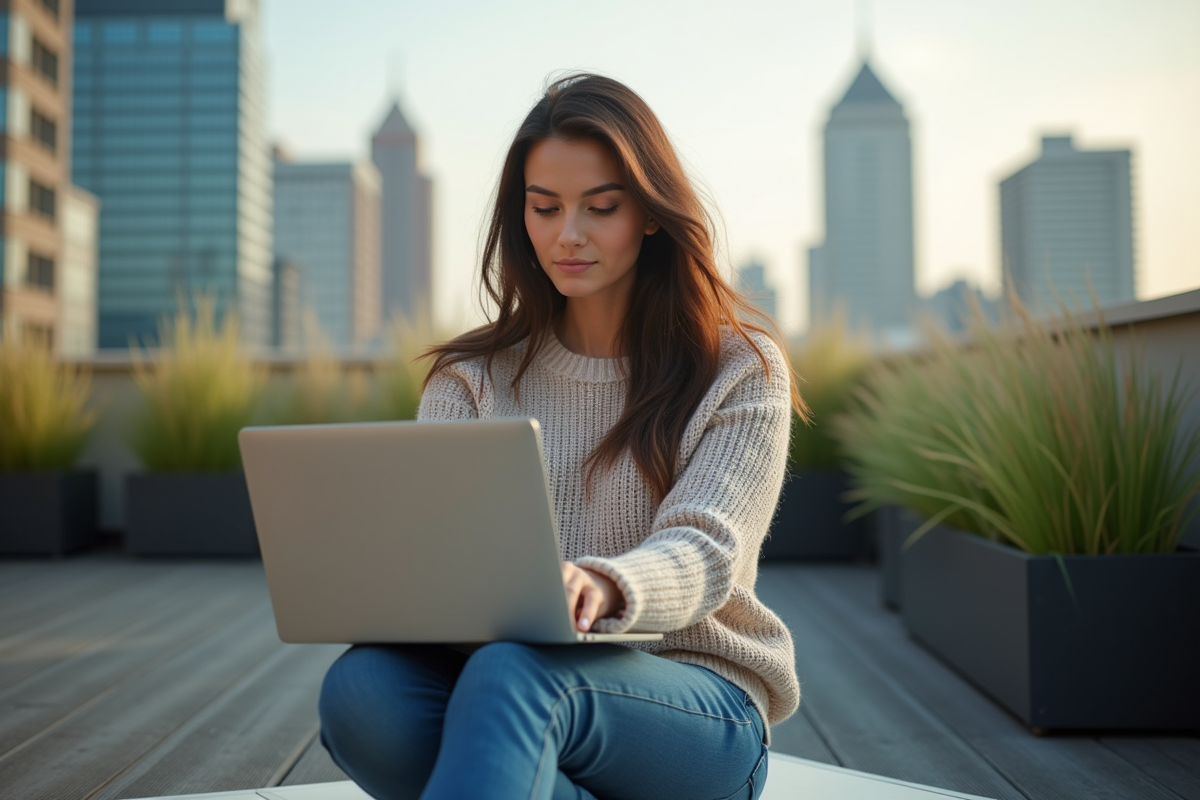Jeune femme utilisant un ordinateur sur une terrasse urbaine
