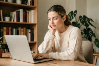 Femme introspective réalisant un test de personnalité en ligne sur son ordinateur portable dans un bureau cosy