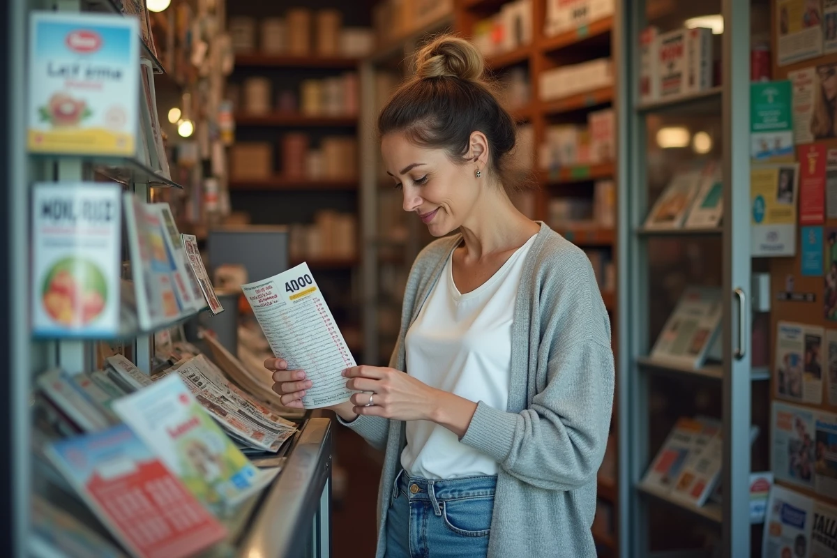 Femme tenant un ticket de loto dans un bureau de tabac, examinant les numéros pour optimiser son budget de jeu