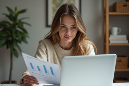 Jeune femme au bureau compare tarifs de traduction en ligne
