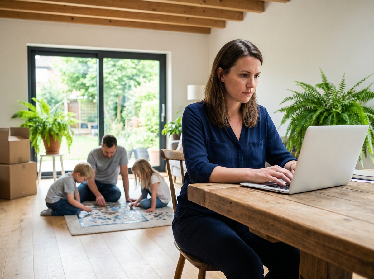Femme travaillant sur un ordinateur dans une cuisine lumineuse