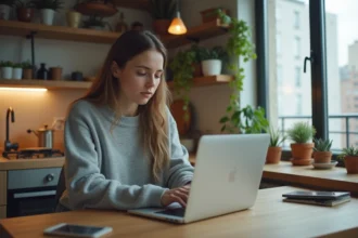 Jeune femme au laptop dans un appartement cosy