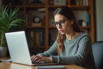 Femme scrutant un site web suspect sur son ordinateur portable avec une expression méfiante