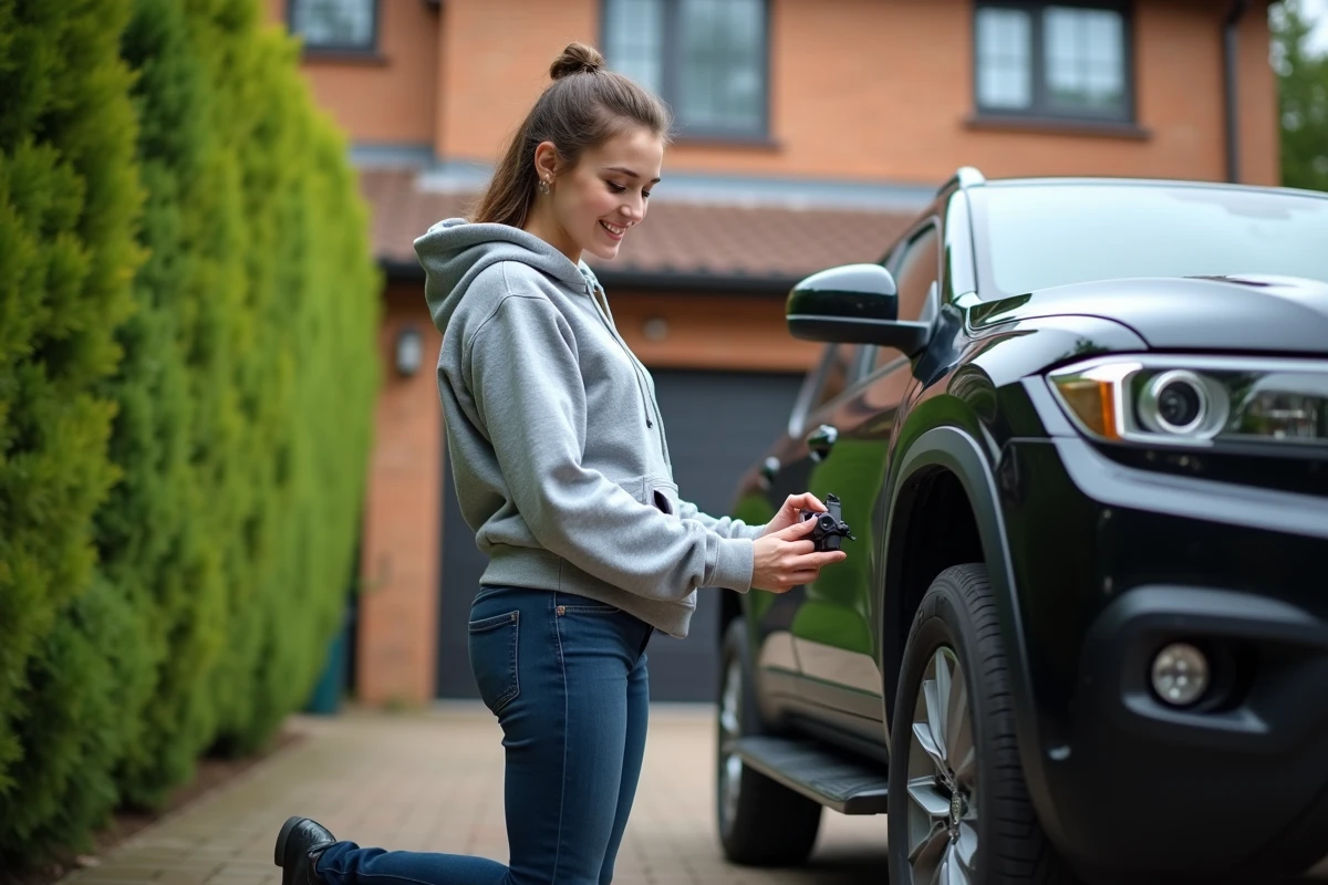 Jeune femme vérifiant un frein sur SUV en extérieur
