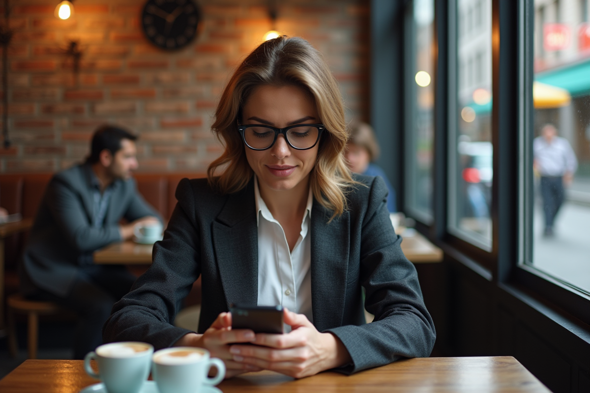Femme d affaires vérifiant son VPN dans un café animé