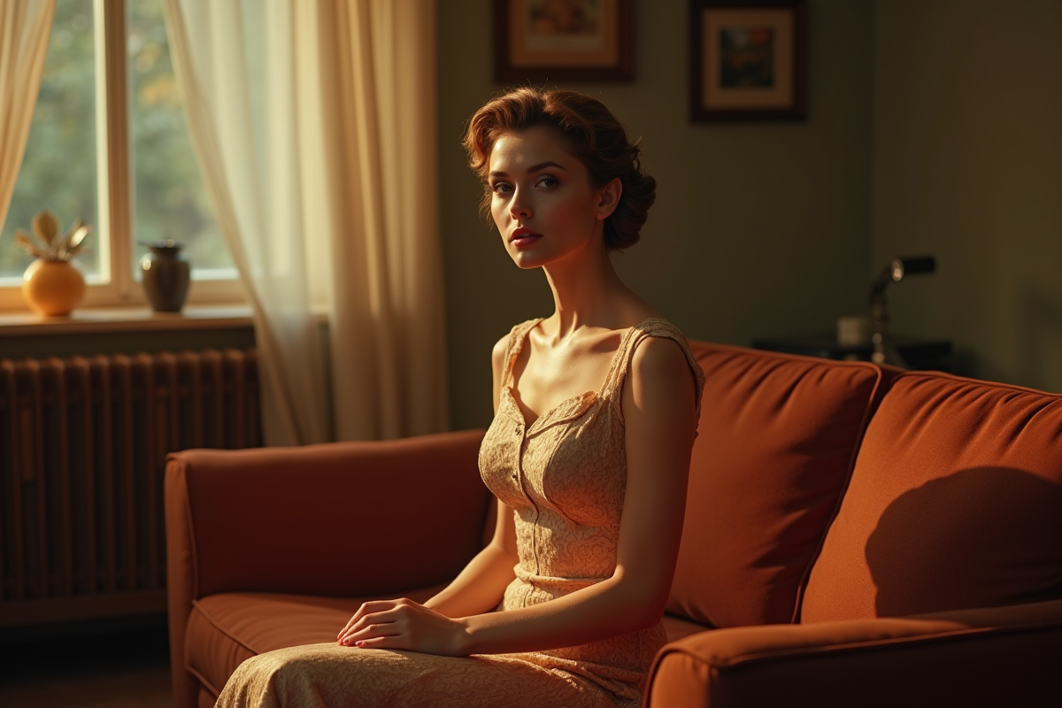Femme vintage assise sur canapé dans ambiance nostalgique