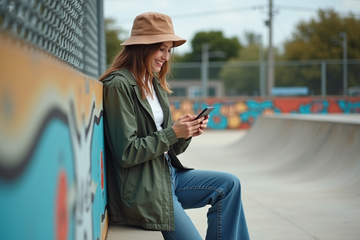Femme en vintage au skatepark en train de regarder son téléphone