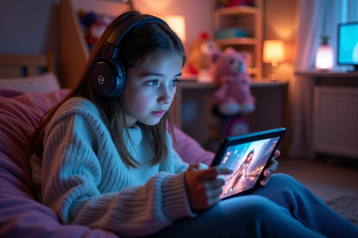 Adolescente joue sur une tablette dans sa chambre cosy