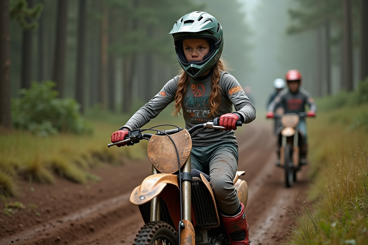 Fille en motocross regardant le sentier en forêt
