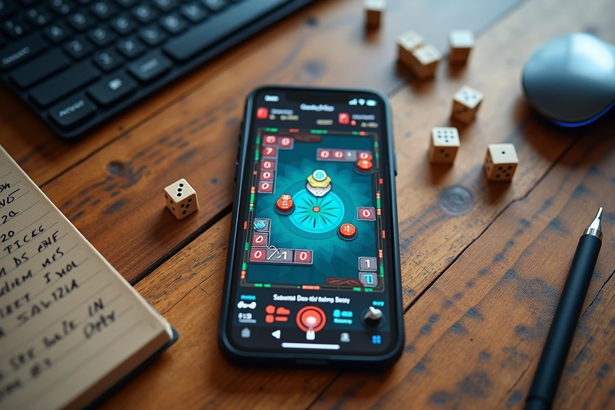 Vue aérienne d'un smartphone affichant une interface de jeu Monopoly Go avec des dés et des notes sur un bureau en bois