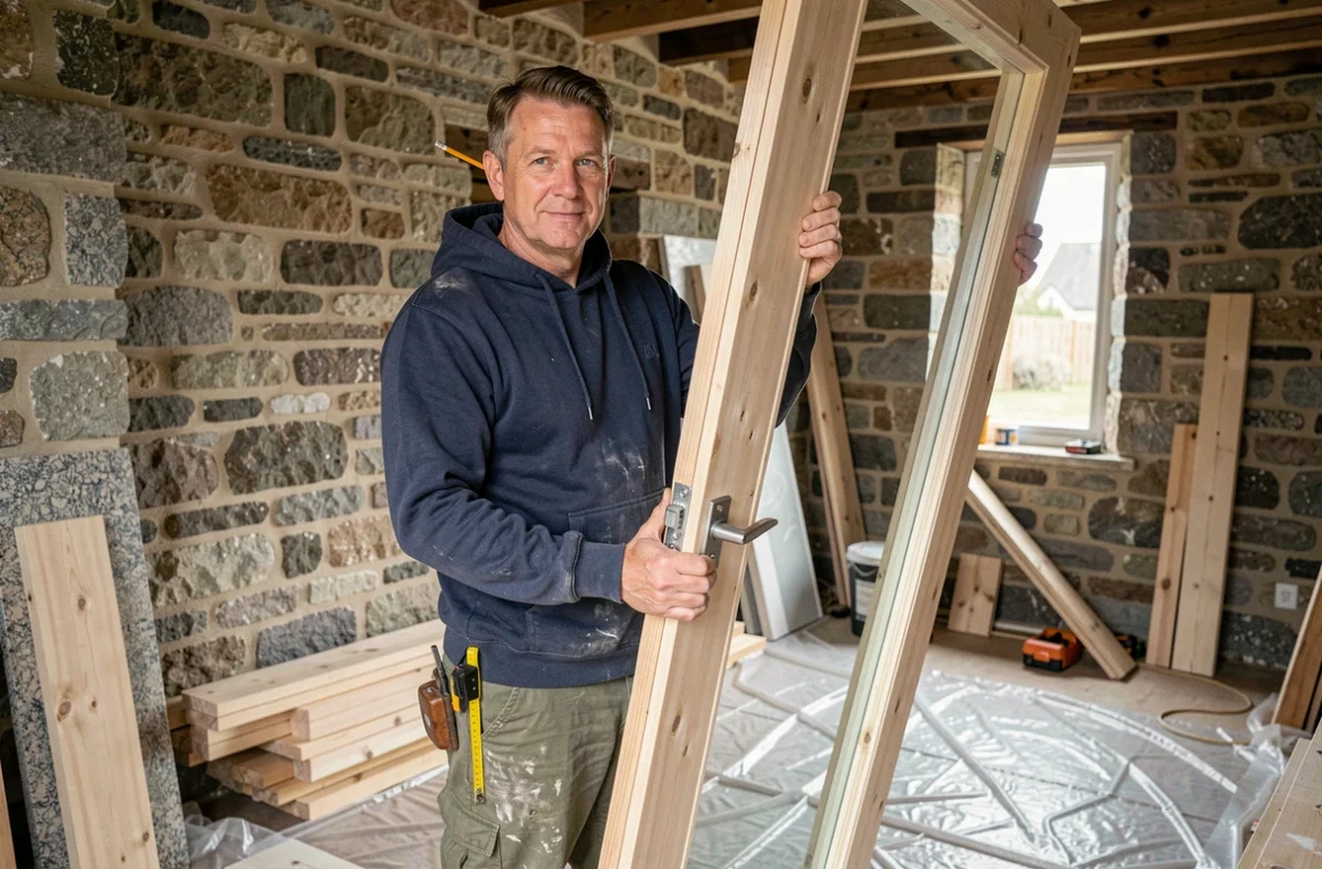 Artisan de FTM Reno 22 tenant un cadre de porte dans une maison bretonne en cours de rénovation