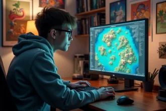 Jeune homme gamer étudie une carte fantastique sur son écran