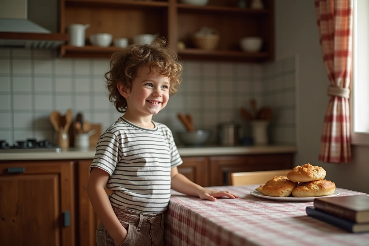 Jeune garçon français dans une cuisine rurale chaleureuse