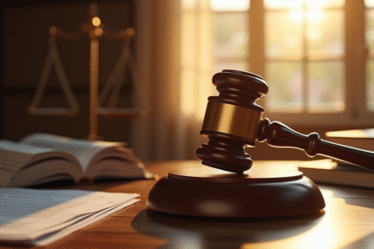 Marteau de juge sur un bureau en bois avec livres de droit