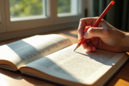 Livre de grammaire française ouvert sur un bureau ensoleille