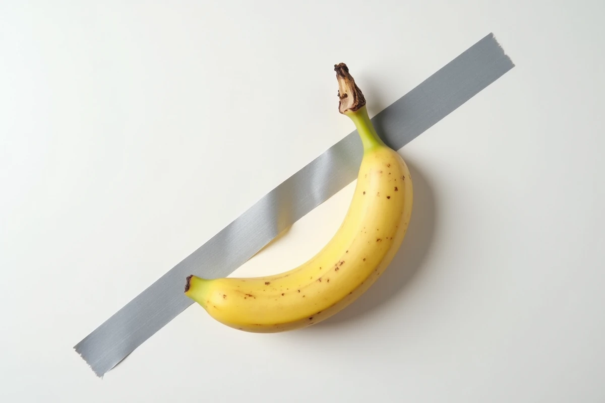 Gros plan d'une banane fixée au mur avec du scotch argenté, détail de l'œuvre d'art contemporaine inspirée de Comedian