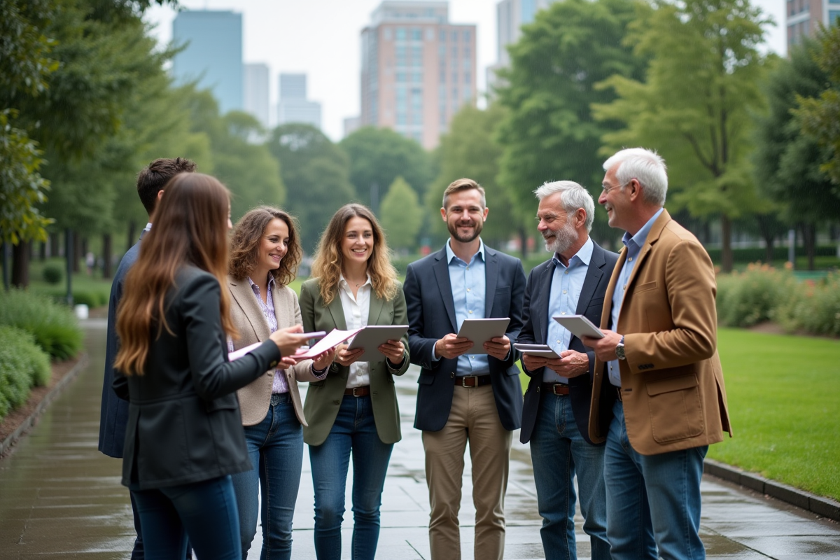 Groupe diversifié discute de plan urbain dans un parc en plein air