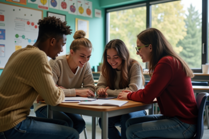 Groupe d'élèves au lycée discutant autour d'une tablette