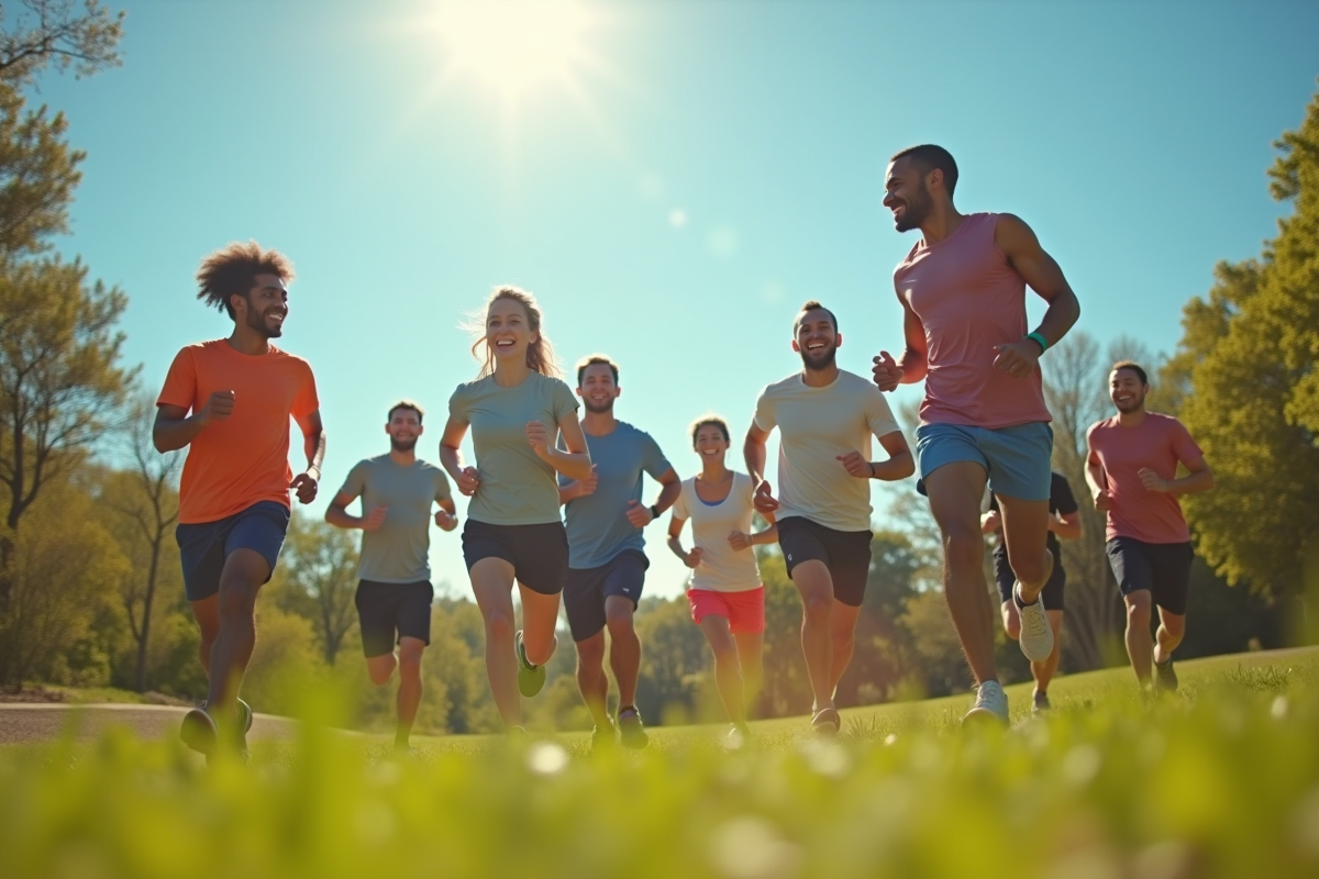 Groupe de personnes courant dans un parc ensoleille
