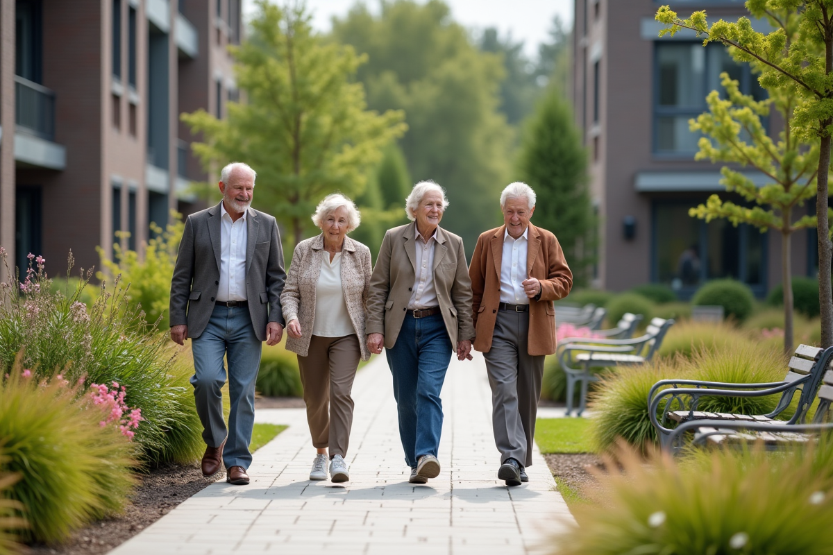 Groupe de seniors se promenant dans un jardin paysager
