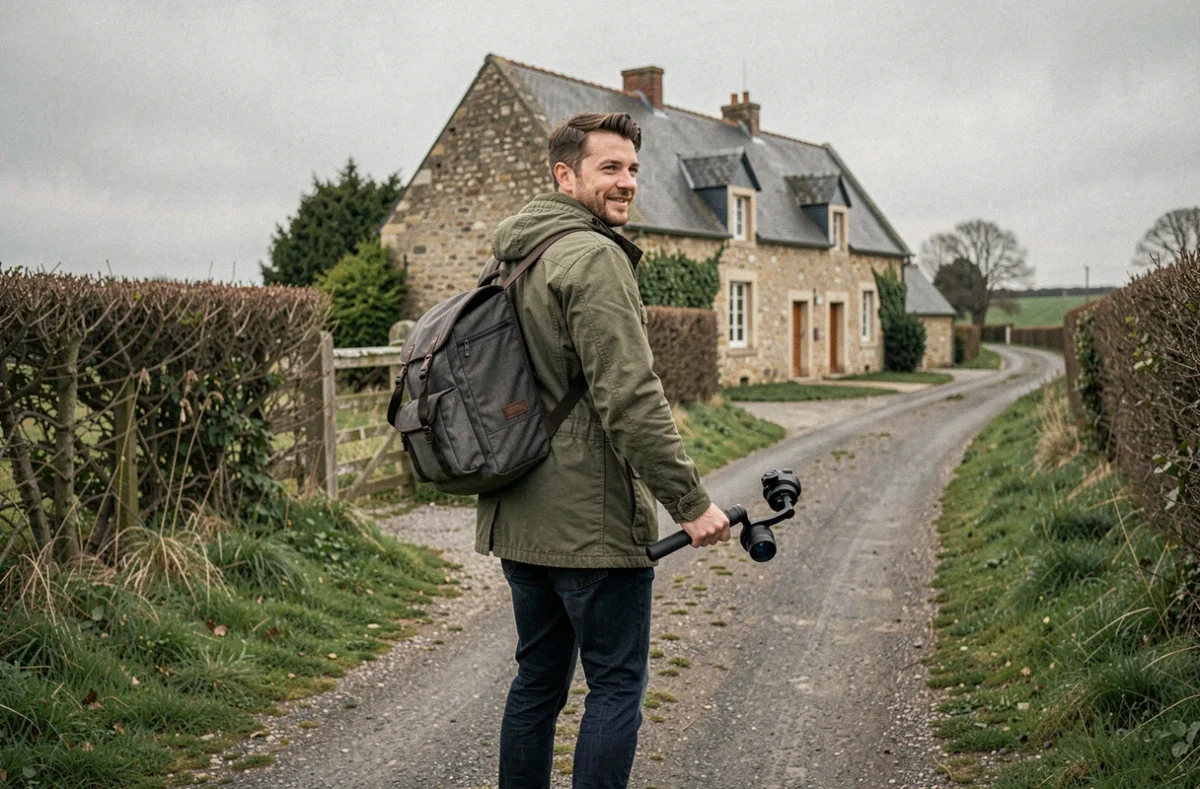 Vidéaste freelance marchant dans un chemin rural d'Ille-et-Vilaine avec son matériel de tournage