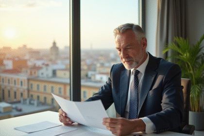Homme d'affaires en costume dans un bureau lumineux en Espagne