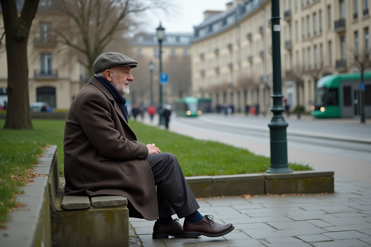 Homme âgé assis sur un banc dans un parc urbain