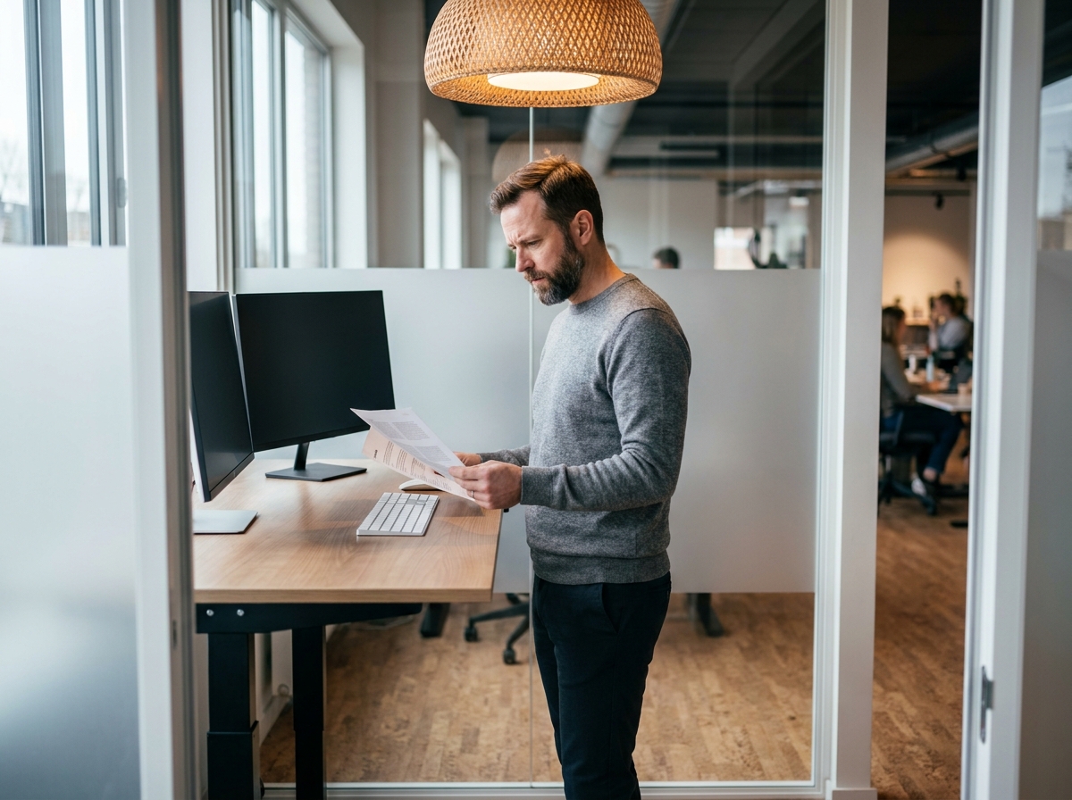 Homme debout à un bureau réglable en hauteur dans un espace de travail privatif en verre au sein d'un coworking, consultant des documents